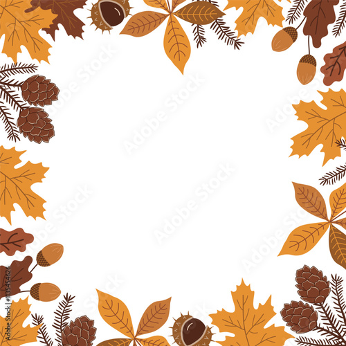 Autumn Square Frame. Beautiful Fall Background. Autumn Leaves, Acorns, Chestnut, Maple, Oak, Chestnut Leaves. Free Space for Your Text. Vector Illustration in Yellow, Brown on White Background