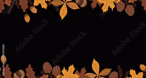 Fall Seamless Border. Frame. Autumn Banner. Autumn Leaves, Acorns, Chestnut, Maple, Oak, Chestnut Leaves. Vector Illustration in Yellow, Brown on Black Background