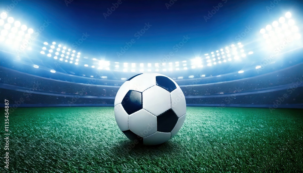 Fototapeta premium Soccer ball on the grass in a modern stadium with blue bright floodlights. Soccer World Cup.