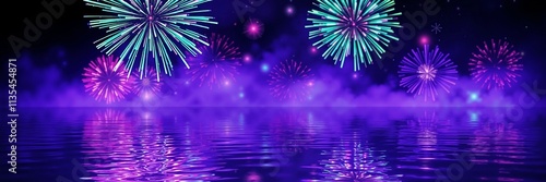 Vibrant Fireworks Display Reflecting in Purple Water Against Night Sky with Copy Space photo