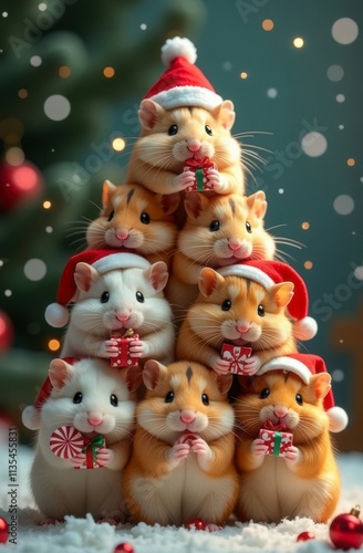 Wallpaper Mural group of adorable hamsters wearing red Santa hats and holding tiny gift boxes, arranged in festive pyramid shape, blurred Christmas decorations and snow in background. funny cute Christmas concept. Torontodigital.ca