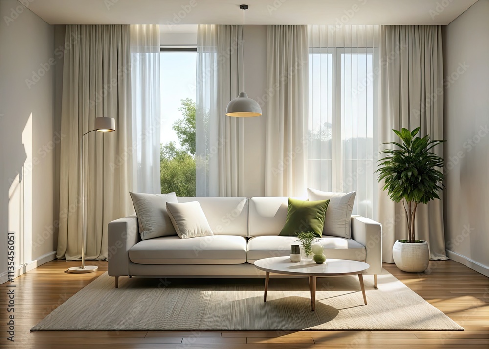 Serene minimalist living room: white sofa, high window, bathing in soft, low light. Serene minimalist living room: white sofa, high window, bathing in soft, low light.