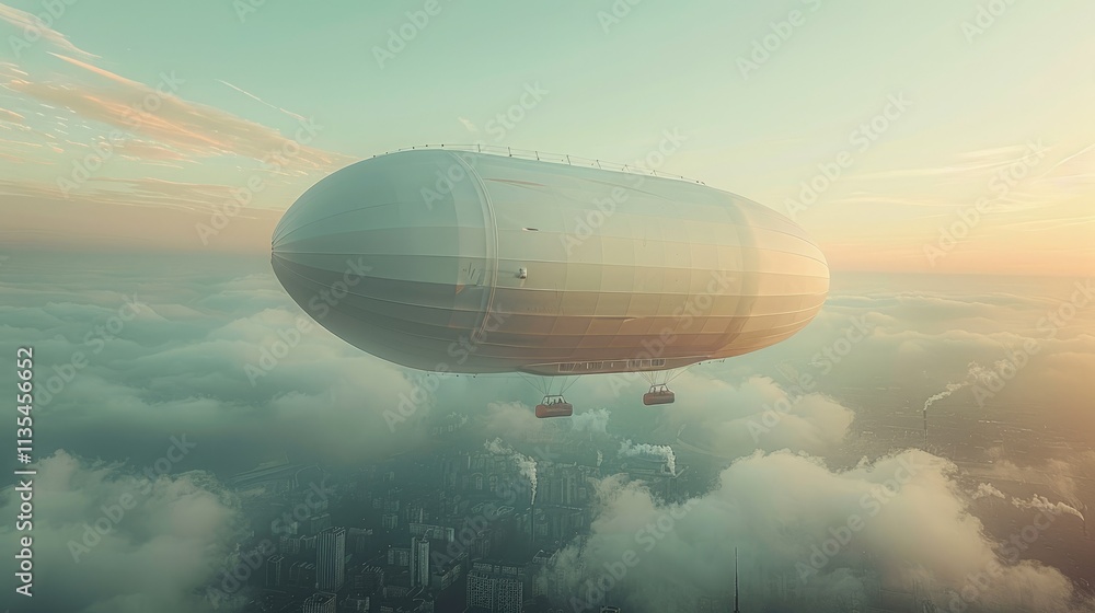 A futuristic airship gliding above a cityscape, surrounded by clouds at sunset. A futuristic airship gliding above a cityscape, surrounded by clouds at sunset.