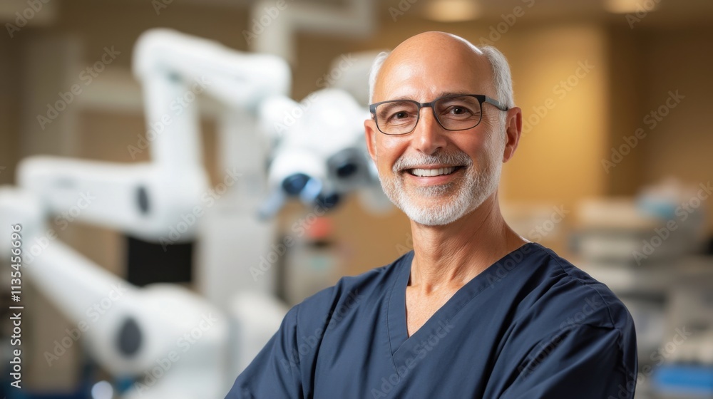 Advanced robotic surgery in healthcare setting: surgeon with robotic arms in modern medical facility Advanced robotic surgery in healthcare setting: surgeon with robotic arms in modern medical facility