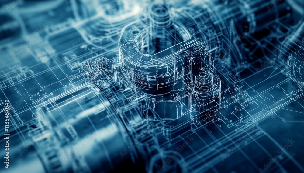 Obraz premium Intricate blueprint of an industrial engine highlighting energy flow and mechanical design details