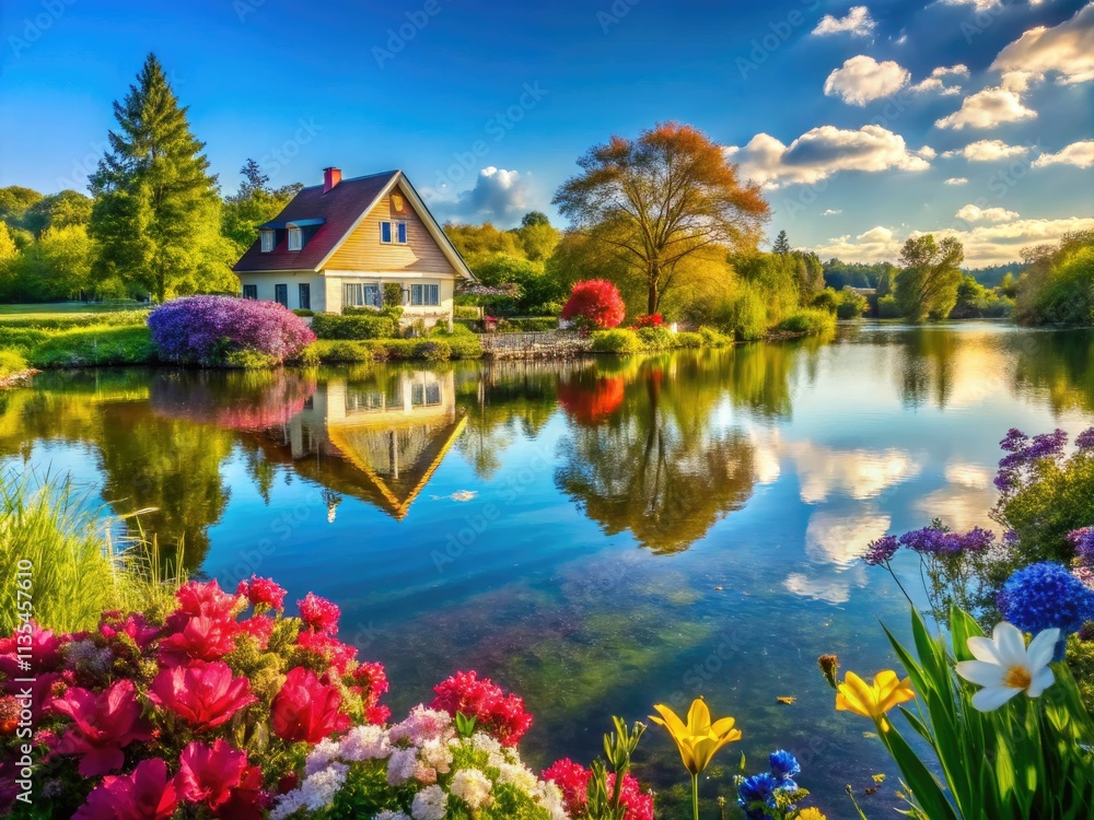 Obraz premium Tranquil lake house, vibrant blooms mirrored in serene blue waters.