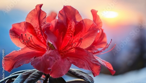 赤いアザレアの花が冬に咲く – しっとりとした花びらとぼかされた背景
 photo