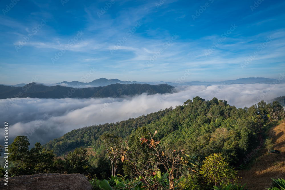 Fototapeta premium tourist come to see very beautiful fog lake in the morning on the mountain village mae taeng chiangmai thailand