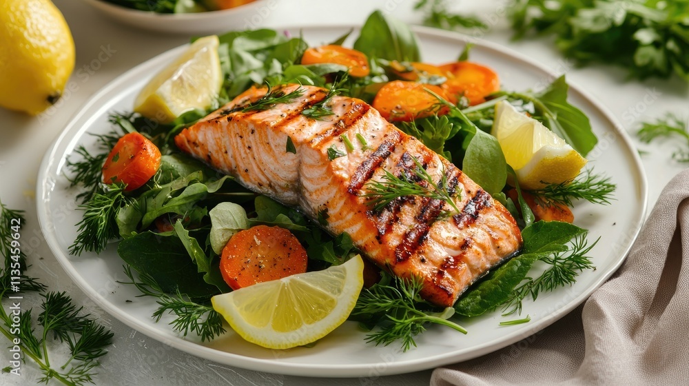 Grilled Salmon Fillet on Fresh Spinach and Arugula Salad with Lemon and Herbs Garnish on a White Plate Grilled Salmon Fillet on Fresh Spinach and Arugula Salad with Lemon and Herbs Garnish on a White Plate