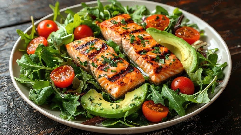 Grilled Salmon Fillets on Fresh Green Salad with Avocado and Cherry Tomatoes on Rustic Wooden Table Grilled Salmon Fillets on Fresh Green Salad with Avocado and Cherry Tomatoes on Rustic Wooden Table