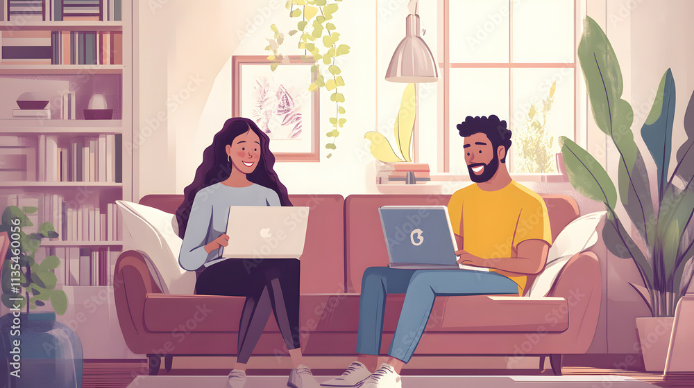 A couple relaxing at home while using their laptop. A couple relaxing at home while using their laptop.
