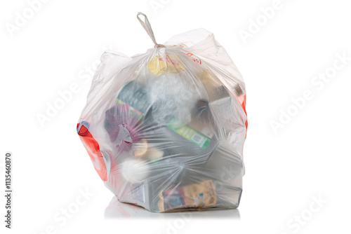 White transparent plastic bag or pocket with garbage isolated on white background. Rubbish, junk or trash isolated