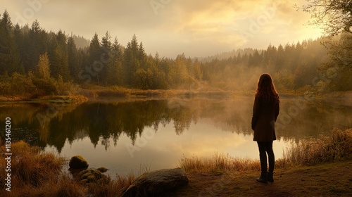 Solitary Figure by Tranquil Lake at Sunset