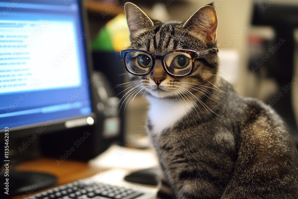 Gray and white tabby cat with glasses working as an seo specialist at an office desk Gray and white tabby cat with glasses working as an seo specialist at an office desk