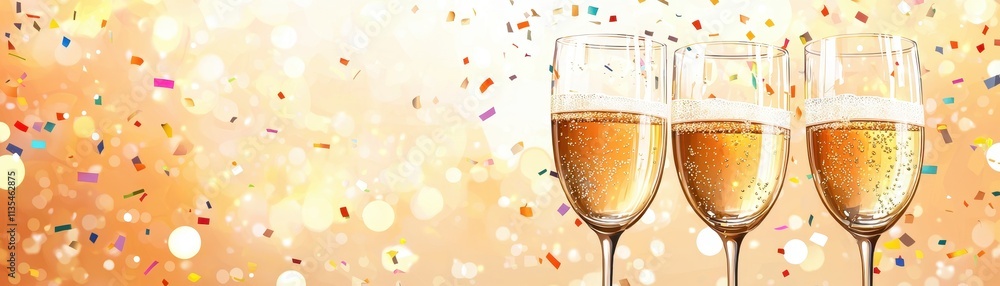 Celebration with Champagne Glasses Against a Festive Background of Colorful Confetti and Sparkling Lights Celebration with Champagne Glasses Against a Festive Background of Colorful Confetti and Sparkling Lights