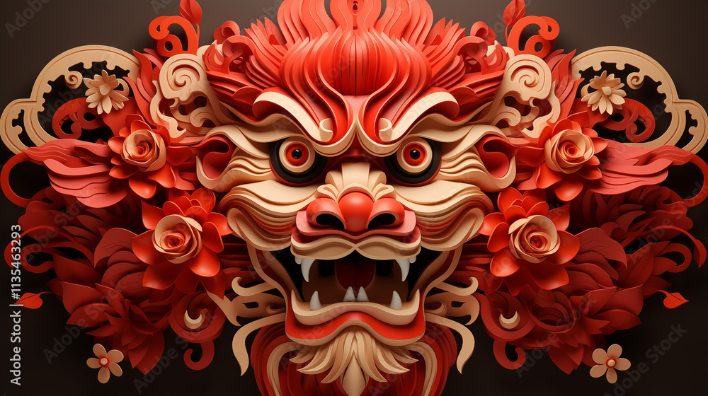 Chinese New Year Greeting Card with Layered Paper Cut Dragon Head Design Chinese New Year Greeting Card with Layered Paper Cut Dragon Head Design