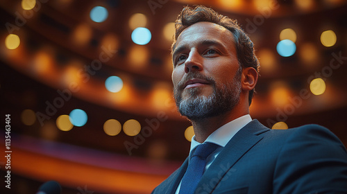 Photo Male Business Executive Giving a Speech