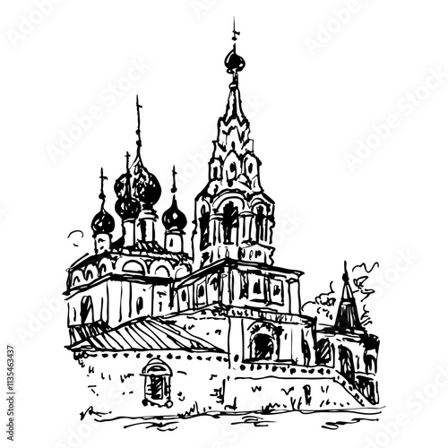 Church of St John the Baptist in Uglich. Russian Orthodox temple. Hand drawn linear doodle rough sketch. Black and white silhouette.