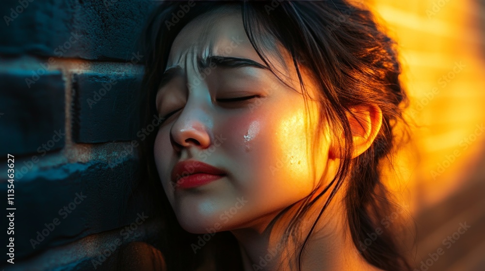 Naklejka premium Woman Leaning Against Brick Wall During Golden Hour