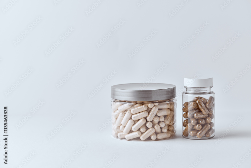 Clear plastic bottles filled with dietary supplement capsules beige and brown Clear plastic bottles filled with dietary supplement capsules beige and brown