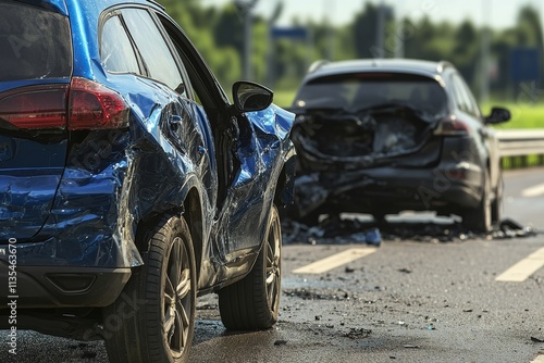 Close up of a blue car and black suv after a traffic accident on a summer day, highlighting damage photo