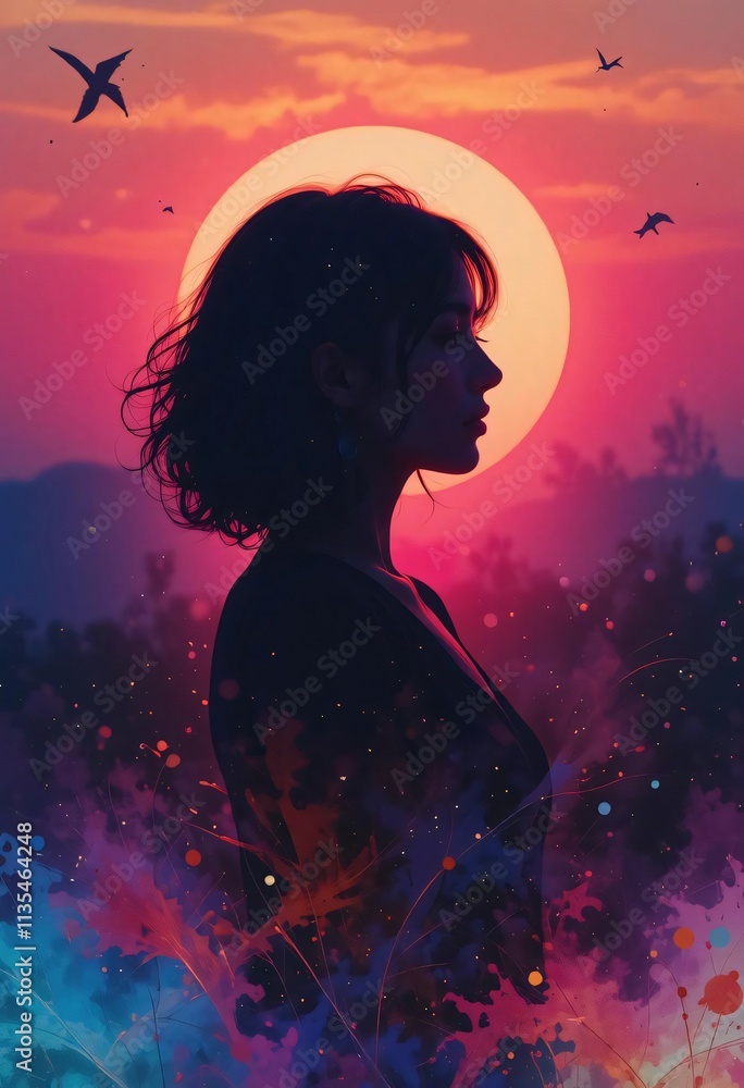 sunset women silloutte illustration sunset women silloutte illustration