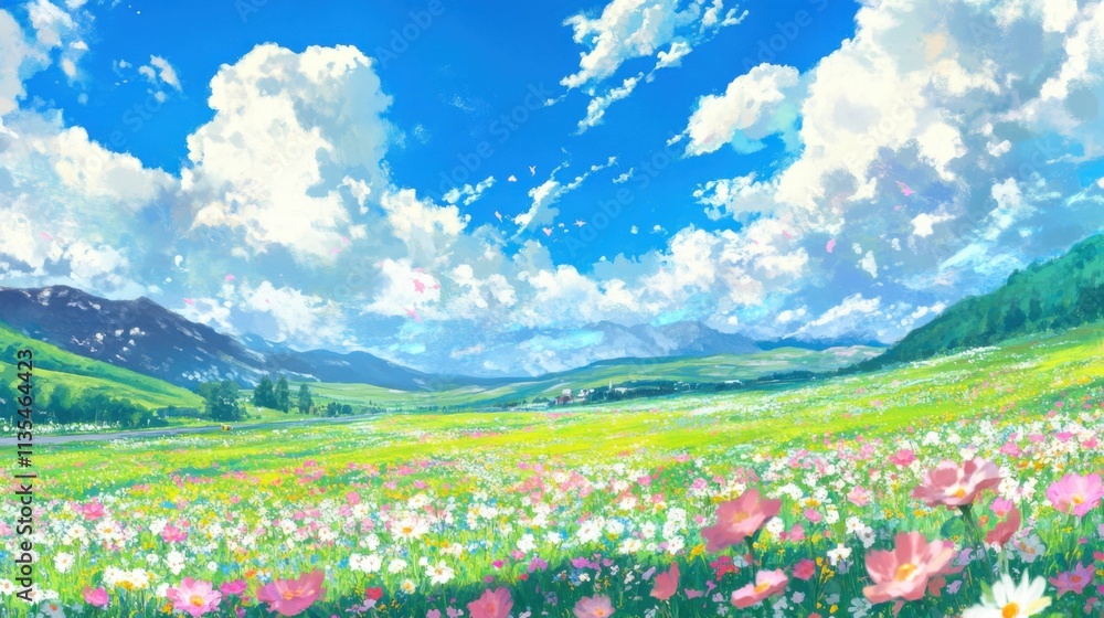 Scenic countryside road with blooming wildflowers under vibrant blue sky Scenic countryside road with blooming wildflowers under vibrant blue sky
