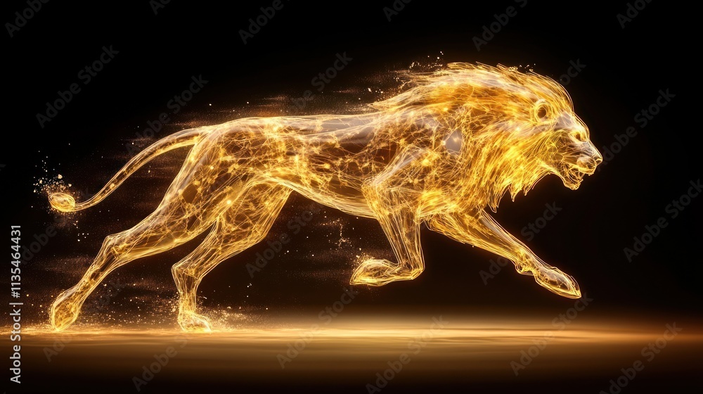 Golden Lion in Motion: Energy, Speed, and Fluid Power in Abstract Visual with Splashes Golden Lion in Motion: Energy, Speed, and Fluid Power in Abstract Visual with Splashes