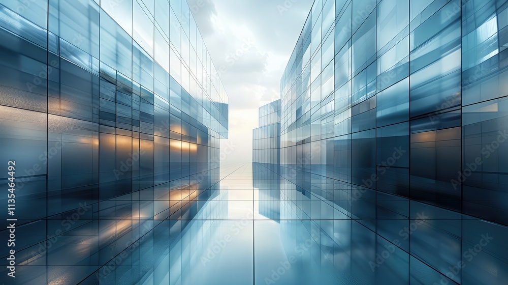 A modern architectural scene with glass structures reflecting light and sky. A modern architectural scene with glass structures reflecting light and sky.