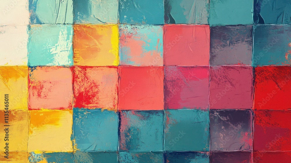 Abstract Colorful Grid Painting: A Vibrant Textured Canvas