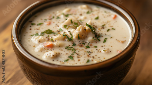 Studio Shot of Clam Chowder Served in a Bowl with Garnishes