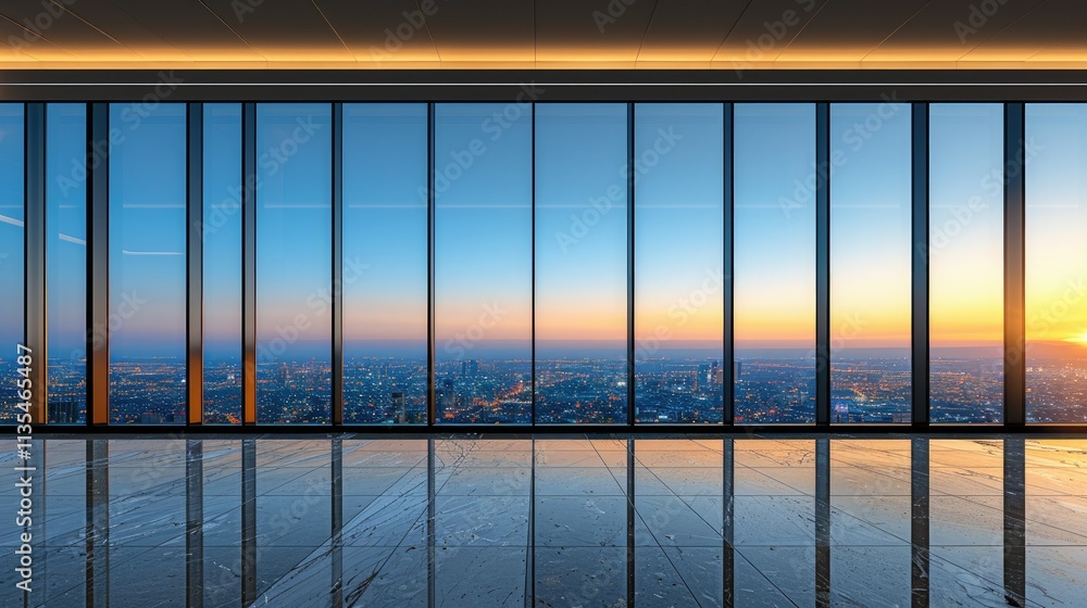 Fototapeta premium A modern office space with large windows showcasing a city skyline at sunset.