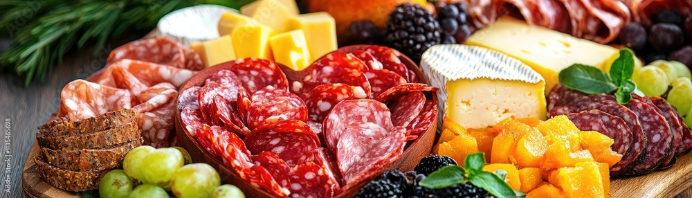 A vibrant charcuterie board featuring assorted cheeses, meats, fruits, and nuts, arranged artfully with a heart-shaped salami centerpiece. A vibrant charcuterie board featuring assorted cheeses, meats, fruits, and nuts, arranged artfully with a heart-shaped salami centerpiece.