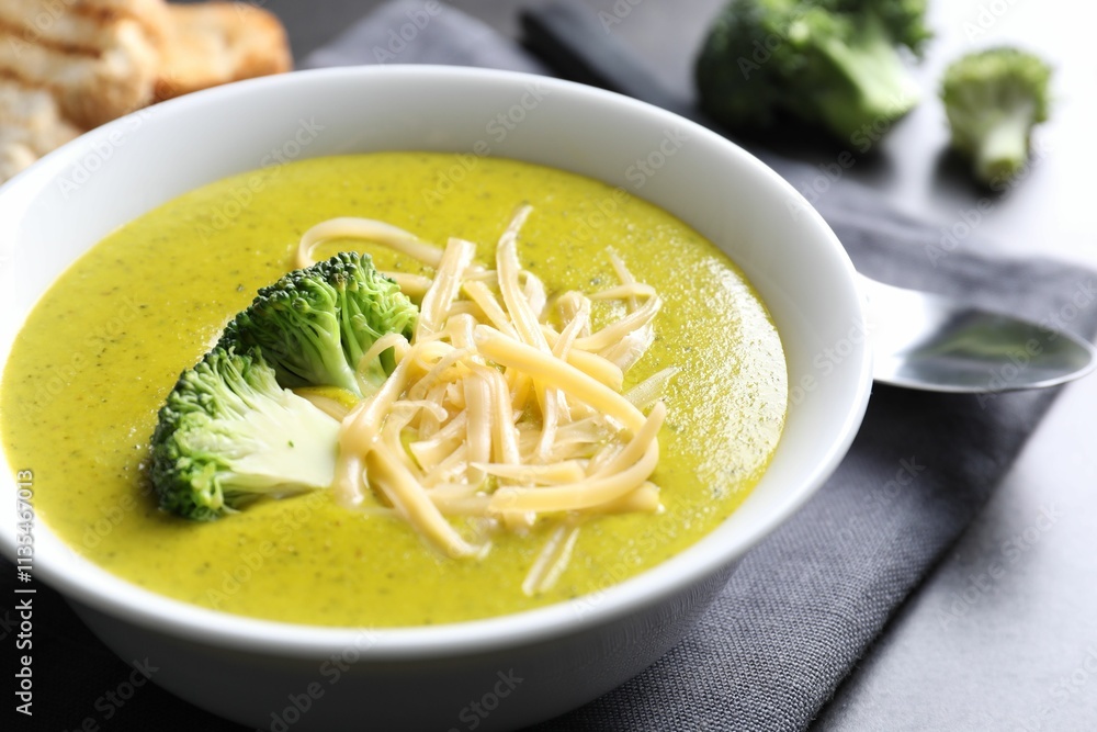 Delicious broccoli cream soup served on gray table, closeup Delicious broccoli cream soup served on gray table, closeup
