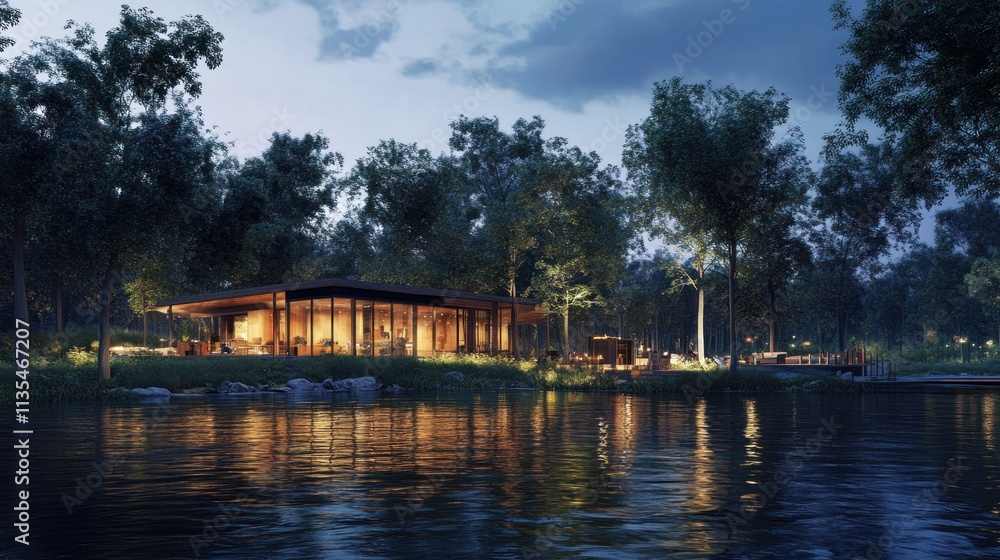 Serene Lakeside Retreat: Modern Architecture Nestled in a Tranquil Forest at Dusk Serene Lakeside Retreat: Modern Architecture Nestled in a Tranquil Forest at Dusk