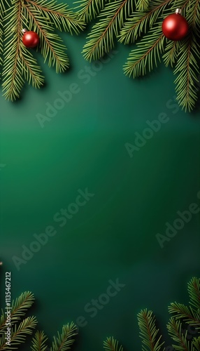Wallpaper Mural Vibrant green fir branches frame deep emerald background creating festive winter border. Red ornaments decorate branches. Perfect for holiday designs, greeting cards, winter themes. Natural, elegant Torontodigital.ca