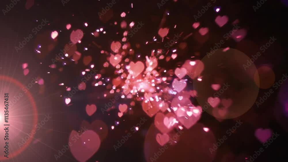 Pink hearts and sparkles animation over dark background, creating magical effect