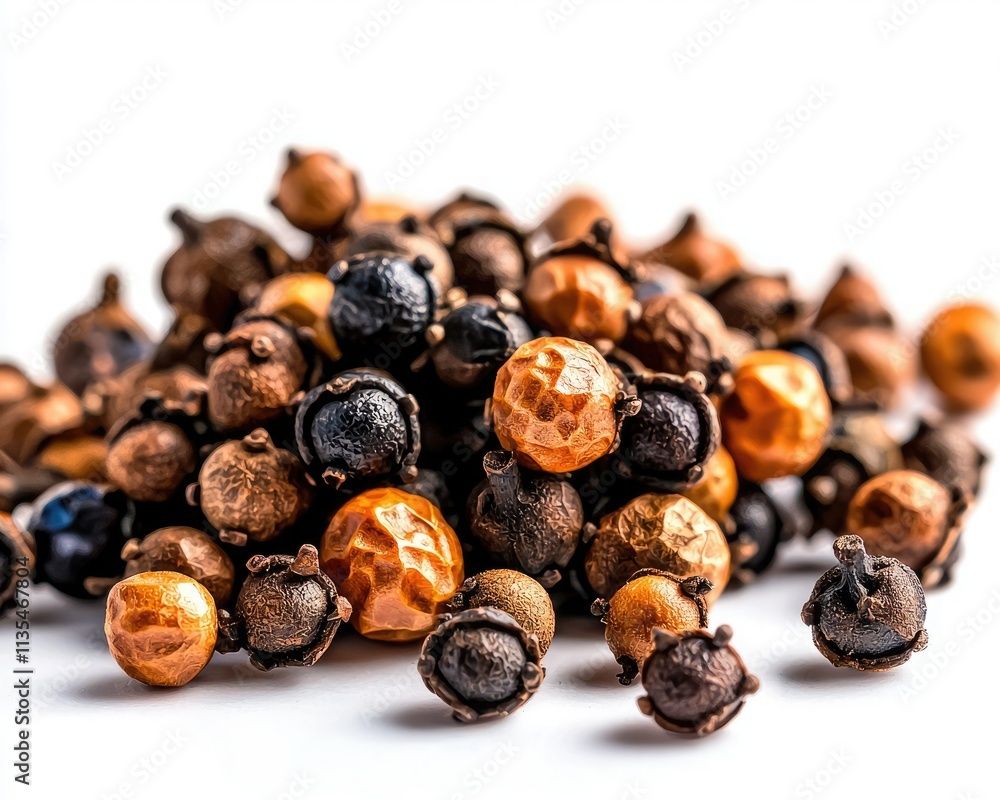 A close-up of a pile of colorful, dried peppercorns showcasing various shades of black, brown, and orange against a clean, white background. A close-up of a pile of colorful, dried peppercorns showcasing various shades of black, brown, and orange against a clean, white background.