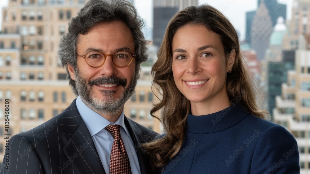 Portrait of Two Smiling Individuals in Formal Attire with Urban Skyline Background, Highlighting Professionalism and City Life Dynamics Portrait of Two Smiling Individuals in Formal Attire with Urban Skyline Background, Highlighting Professionalism and City Life Dynamics