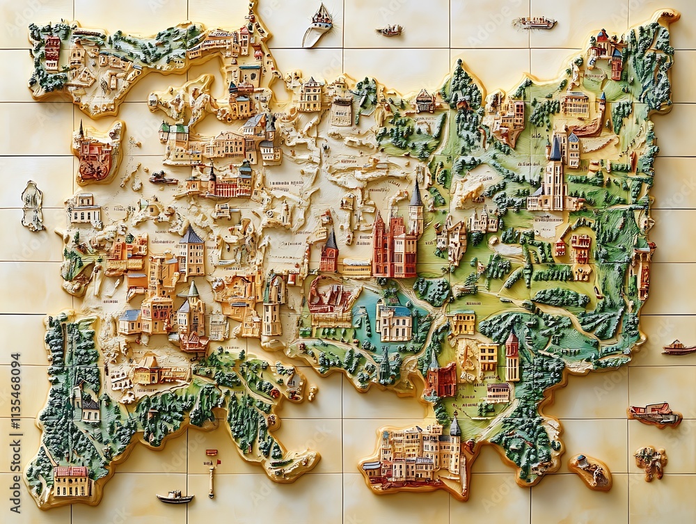 Detailed map of Europe with miniature cities and landmarks. Concept of travel, history, and exploration. Detailed map of Europe with miniature cities and landmarks. Concept of travel, history, and exploration.
