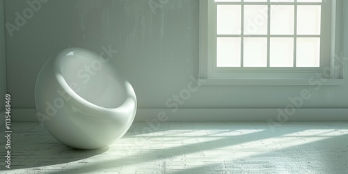 Modern minimalist interior design featuring a sleek, white, futuristic chair positioned beside a large, sunlit window casting soft shadows on the floor