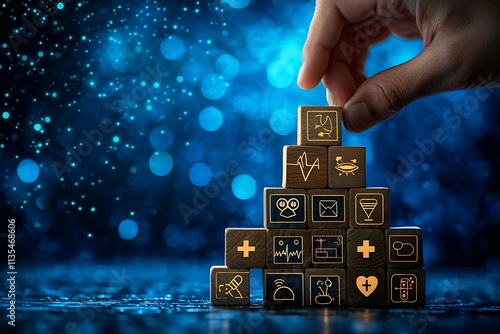 Hand placing wooden block with healthcare icon on top of pyramid, blue background.