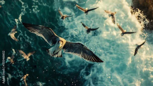 Seagulls flying over ocean waves. Concept of freedom, nature, and wildlife.