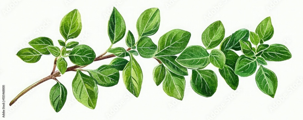 Fresh green oregano leaves arranged on a branch against a light background, highlighting their vibrant color and texture. Fresh green oregano leaves arranged on a branch against a light background, highlighting their vibrant color and texture.