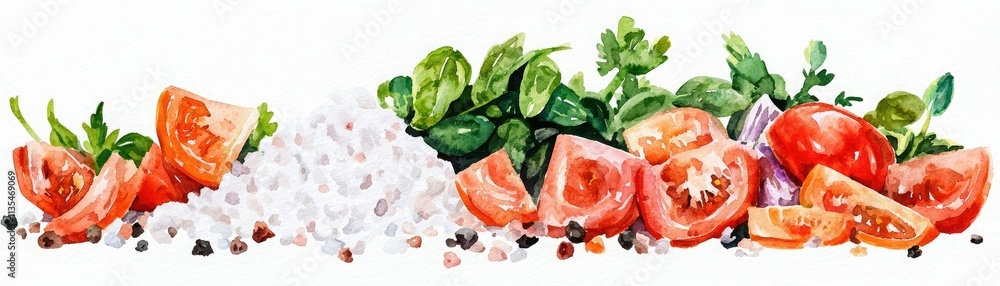 Fresh tomatoes, spinach, and salt arranged beautifully, highlighting healthy ingredients perfect for salads and cooking. Fresh tomatoes, spinach, and salt arranged beautifully, highlighting healthy ingredients perfect for salads and cooking.