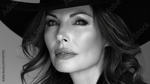 A close-up portrait image featuring a mysterious and captivating individual wearing a wide-brimmed hat, showcasing intricate facial details and alluring expression, set against a simple background photo