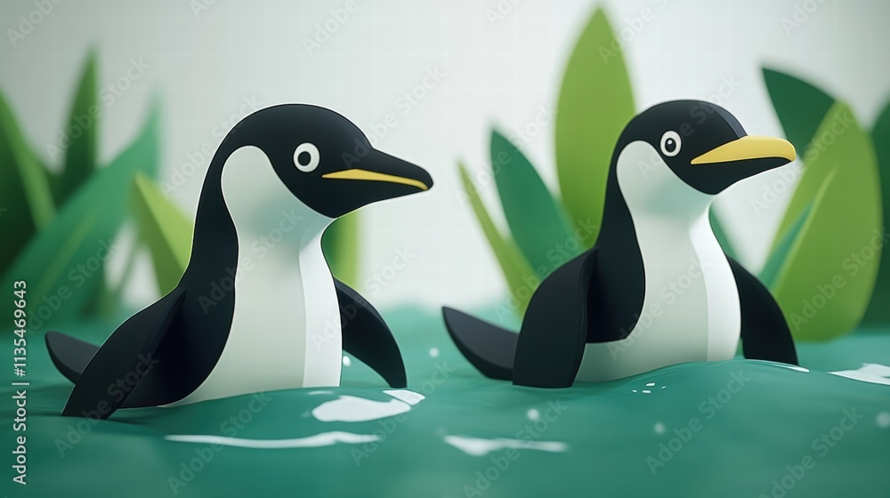 Obraz premium Two Cartoon Penguins Swimming in Teal Water