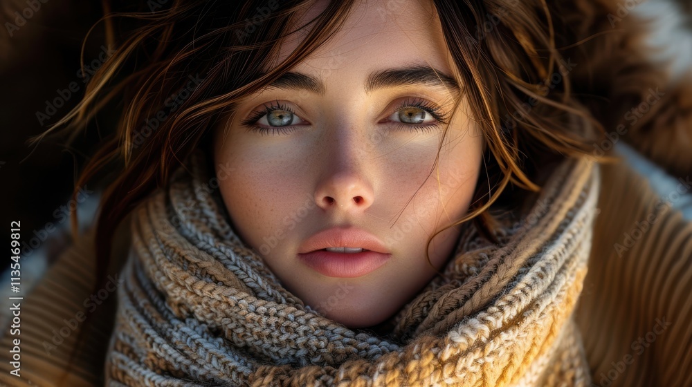 Close-up Portrait of a Young Person Wrapped in Warm Knitted Scarf and Sweater, Surrounded by Soft Natural Lighting with Focused Eyes and Contemplative Expression Close-up Portrait of a Young Person Wrapped in Warm Knitted Scarf and Sweater, Surrounded by Soft Natural Lighting with Focused Eyes and Contemplative Expression