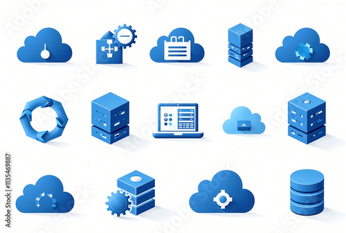 Web hosting icon set. Containing cloud computing, server, domain, firewall, internet, FTP, database, SSL, data hosting and more. Solid vector icons collection.