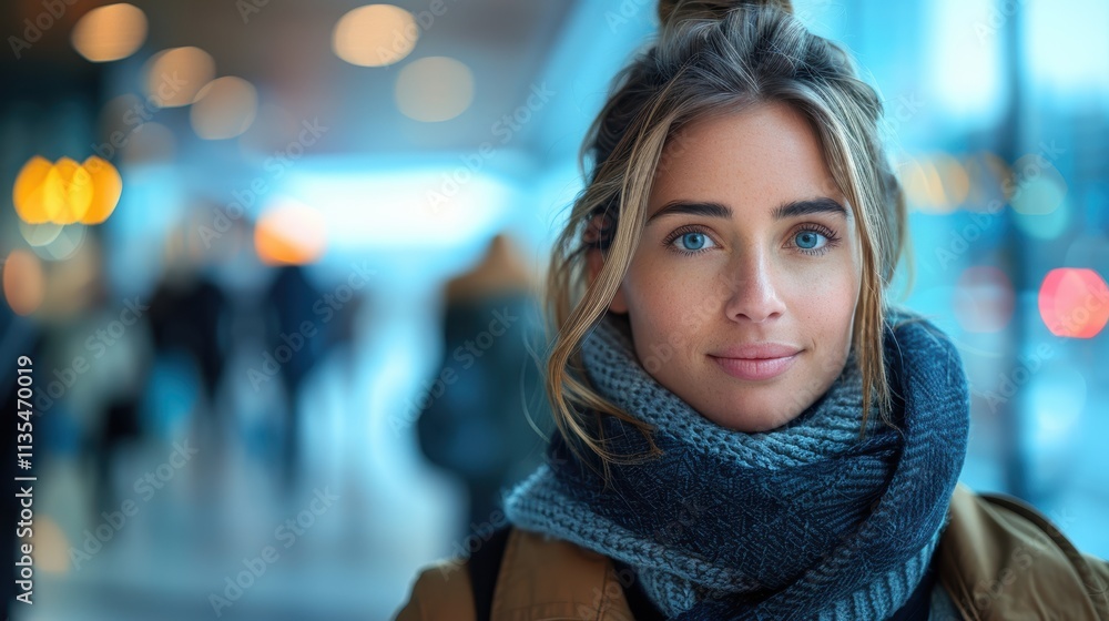 Portrait of a Young Woman with Blue Eyes Wearing a Cozy Scarf in a Busy Urban Setting During a Cold Day with Blurred City Lights in the Background Portrait of a Young Woman with Blue Eyes Wearing a Cozy Scarf in a Busy Urban Setting During a Cold Day with Blurred City Lights in the Background